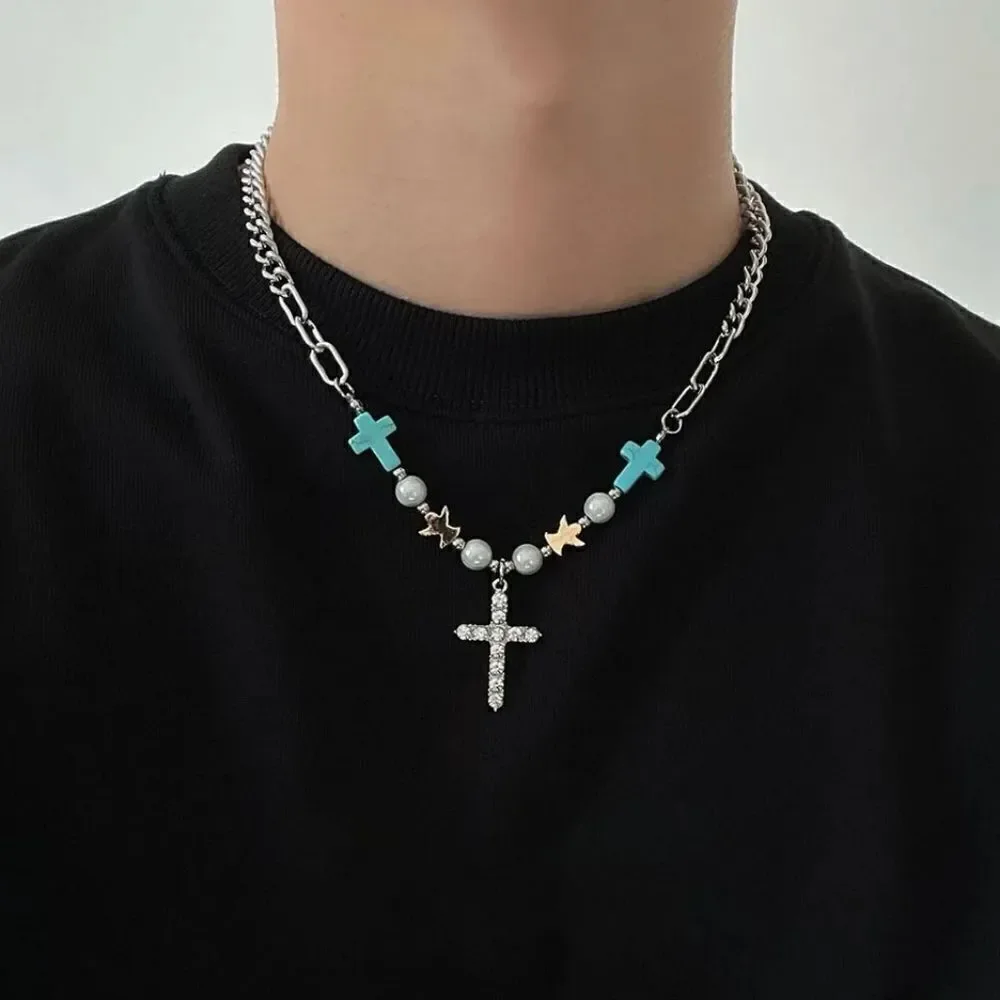 Blue Cross Pearl chain necklace